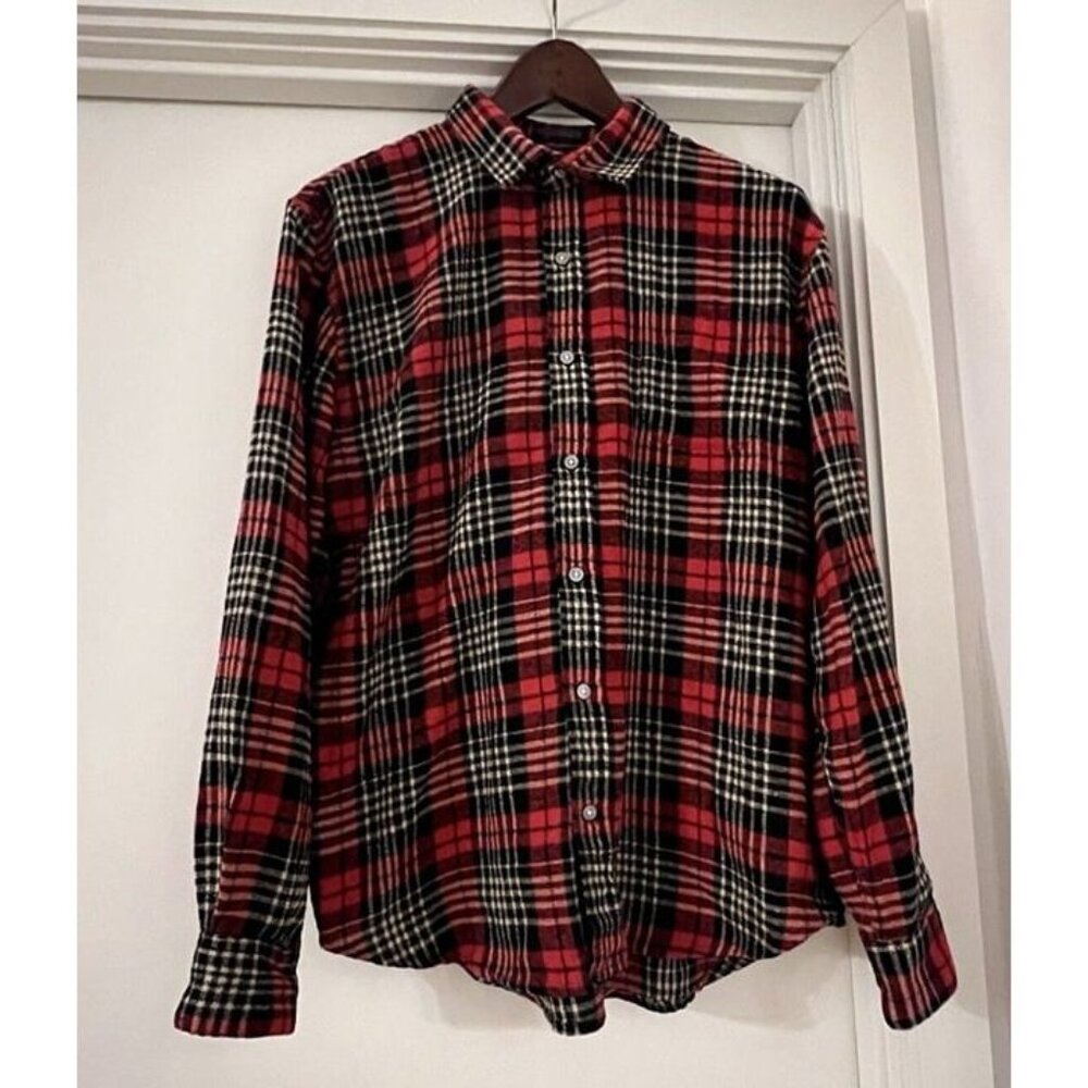 Vtg Tallwoods Bruno Milano Men L Red Flannel Plaid ButtonDown Shirt Cabin Preppy